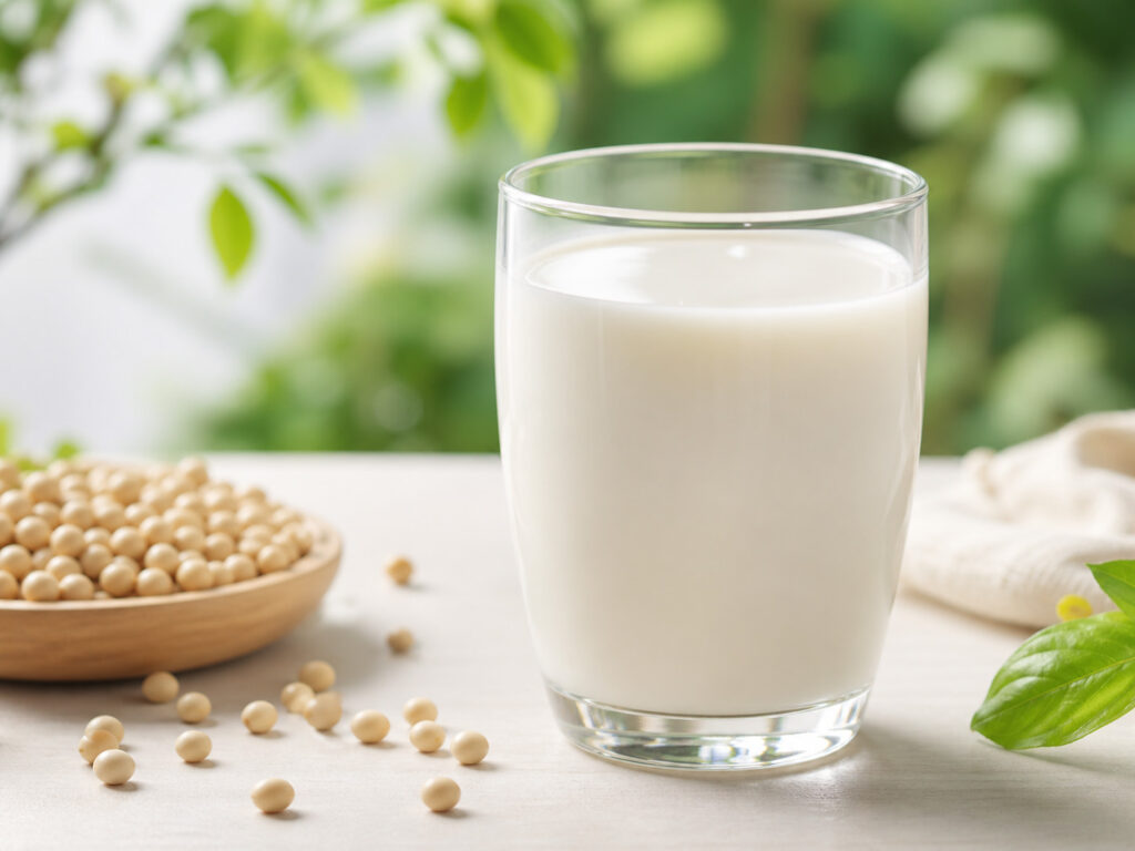 Glass of fresh plant-based milk on a bright natural countertop with soybeans and green leaves in the background.
