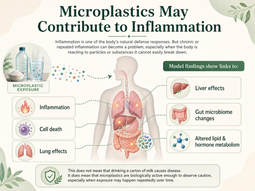 Infographic showing how microplastic exposure may be linked to inflammation, cell death, lung effects, liver effects, gut microbiome changes, and altered hormone metabolism.