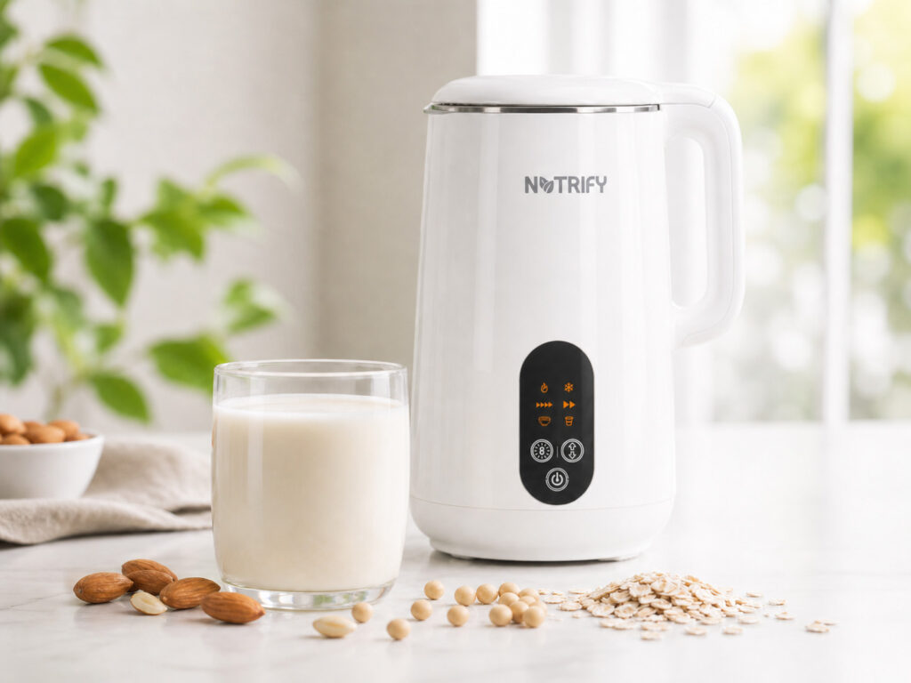 Nutrify plant-based milk maker beside a glass of fresh milk with almonds, soybeans, and oats on a bright kitchen counter.