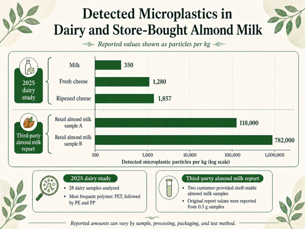 Comparison chart showing reported microplastic levels in dairy products and store-bought almond milk samples, with all values displayed as particles per kilogram on a log scale.