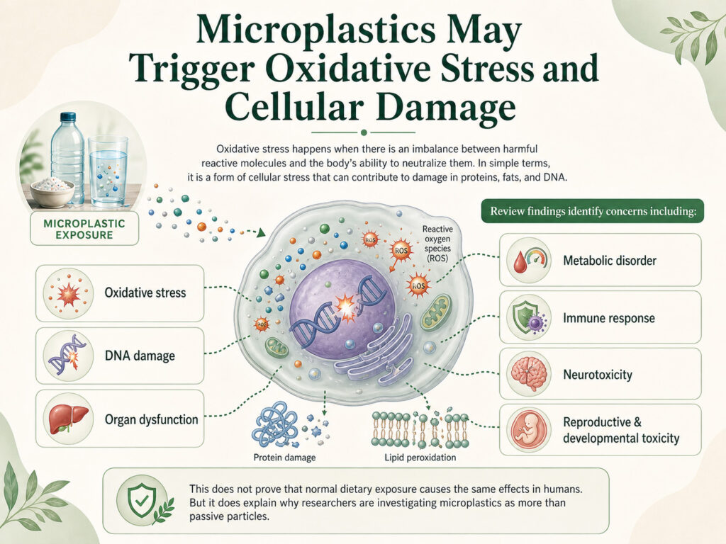 Infographic showing microplastics entering a cell and contributing to oxidative stress, DNA damage, protein damage, lipid peroxidation, immune response, and neurotoxicity.